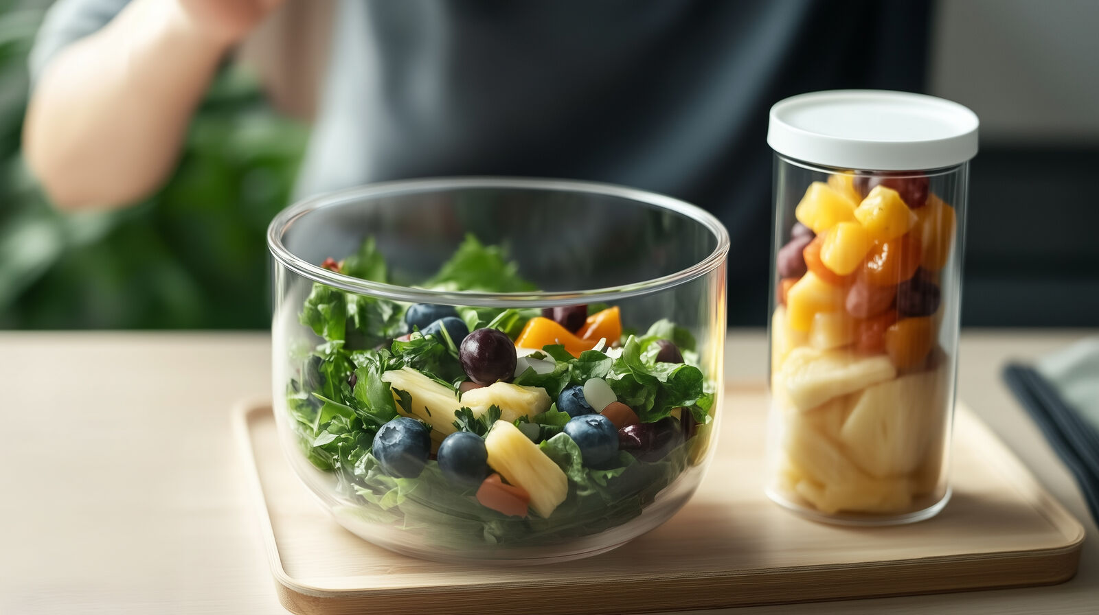 Jemand isst mit einer Gabel einen Salat aus einer Mehrwegschüssel aus Glas; daneben steht ein Mehrwegbecher mit Obstsalat