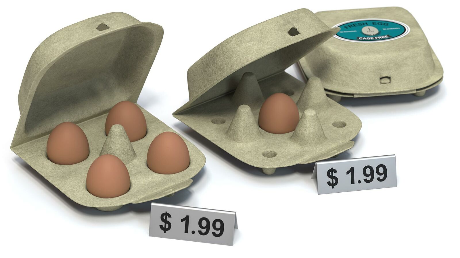 Drei Eierkartons gleicher Größe nebeneinander: im linken sind vier Eier und im mittleren nur ein Ei; der Preis ist derselbe