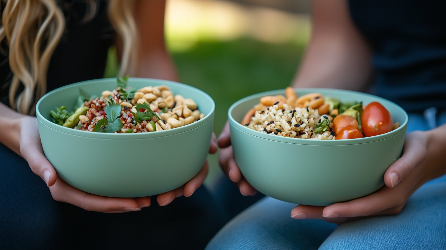 Zwei Frauen sitzen in der Mittagspause nebeneinander: jeder hat eine geöffnete Bowl in den Händen