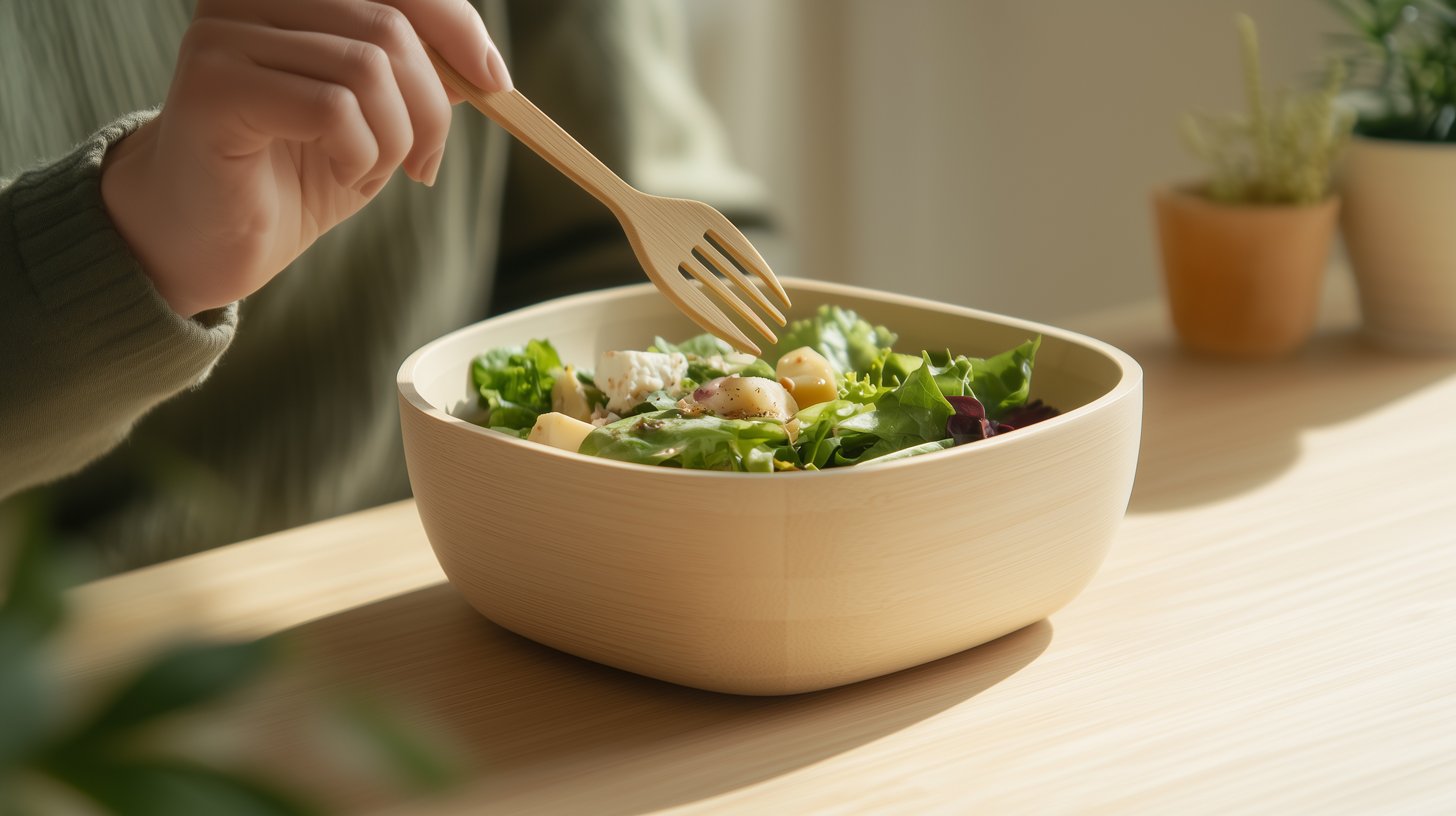 Jemand sitzt am Tisch und isst mit einer Gabel einen Salat aus einer Mehrwegbox